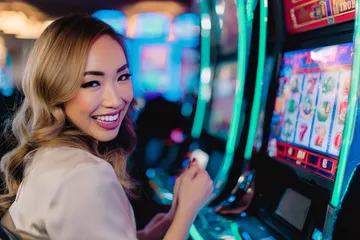 A woman smiling by bright slot machines showing lucky symbols, showcasing the exciting slot offerings at 26JLPH.